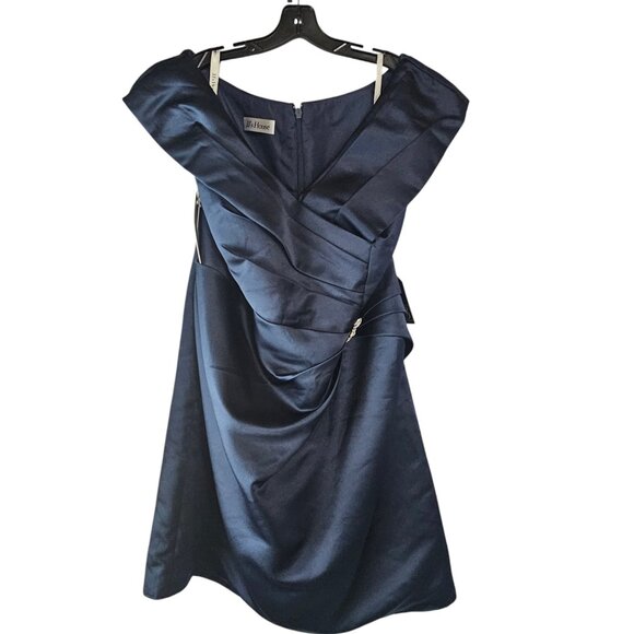 Navy Satin Off Shoulder Cocktail Dress / Party Dress Side Clip Detail - NWT JJs - Picture 3 of 9